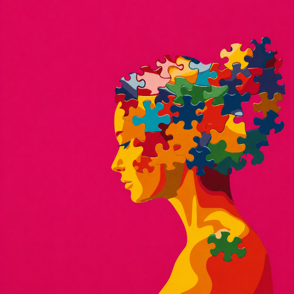 Silhouette féminine en puzzle coloré